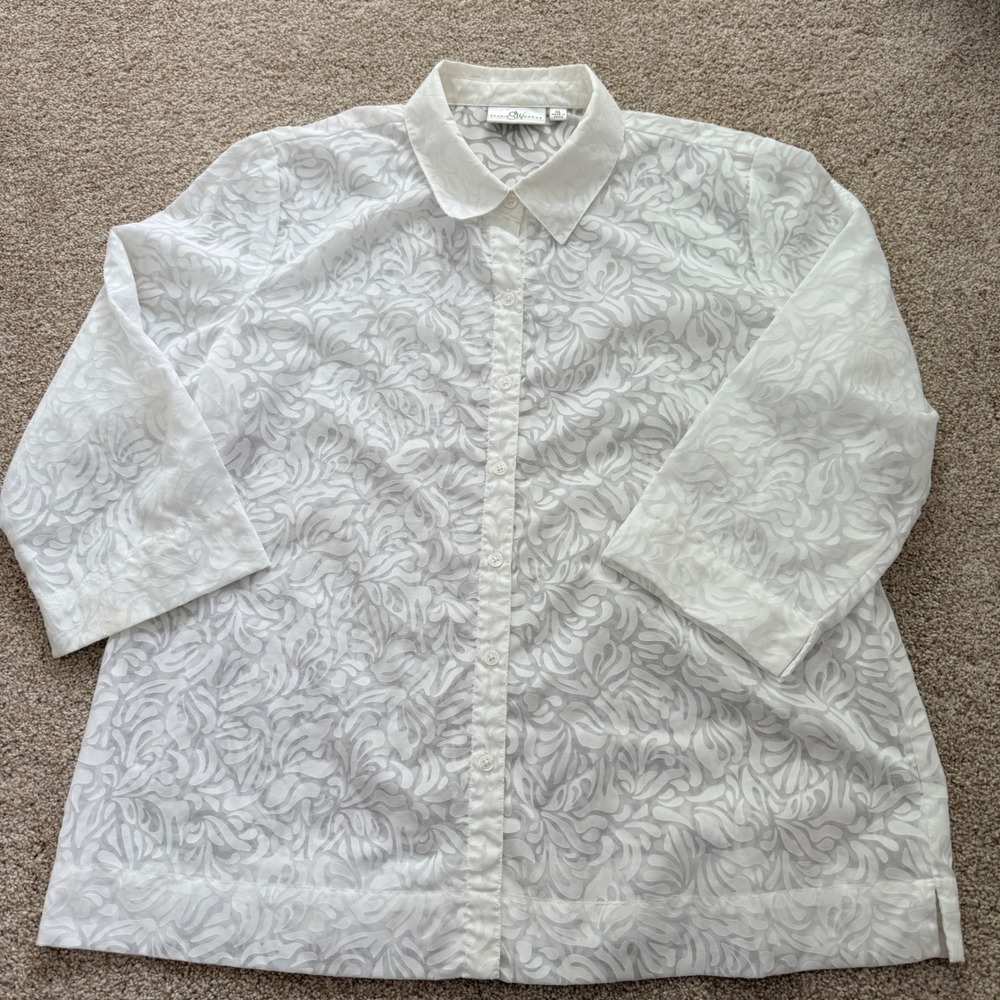 Studio Works Button Down Shirt Womens XL White Burnout Floral 3/4 Sleeve Blouse